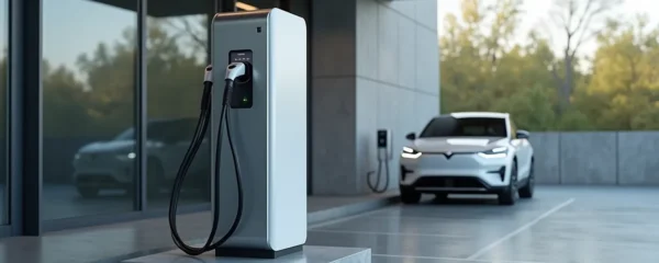 Photographie réaliste d'une borne de recharge industrielle moderne sur un site industriel, avec une composition symétrique maîtrisée, éclairage cinématographique et un fond épuré avec un espace négatif exploitable