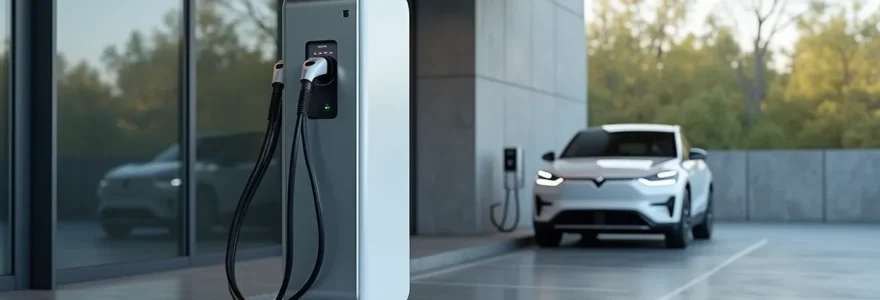 Photographie réaliste d'une borne de recharge industrielle moderne sur un site industriel, avec une composition symétrique maîtrisée, éclairage cinématographique et un fond épuré avec un espace négatif exploitable