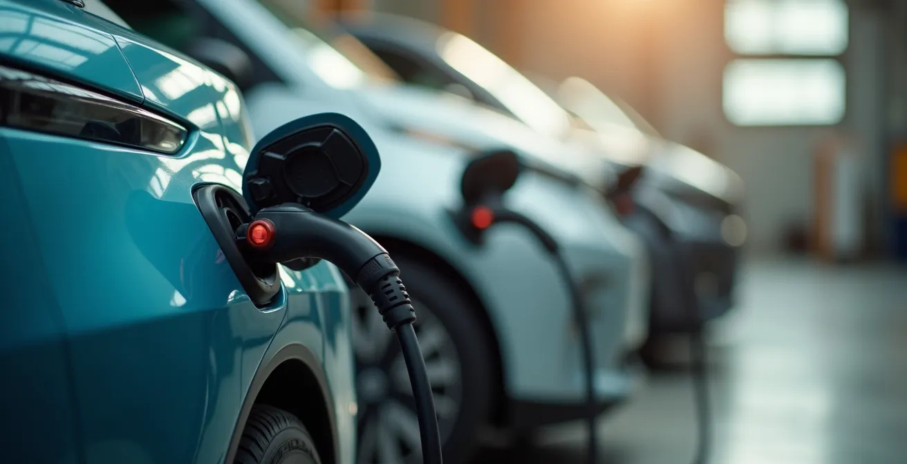 Vue conceptuelle photographique montrant des véhicules électriques de flotte industrielle en recharge, avec éclairage doux et profondeur de champ réduite