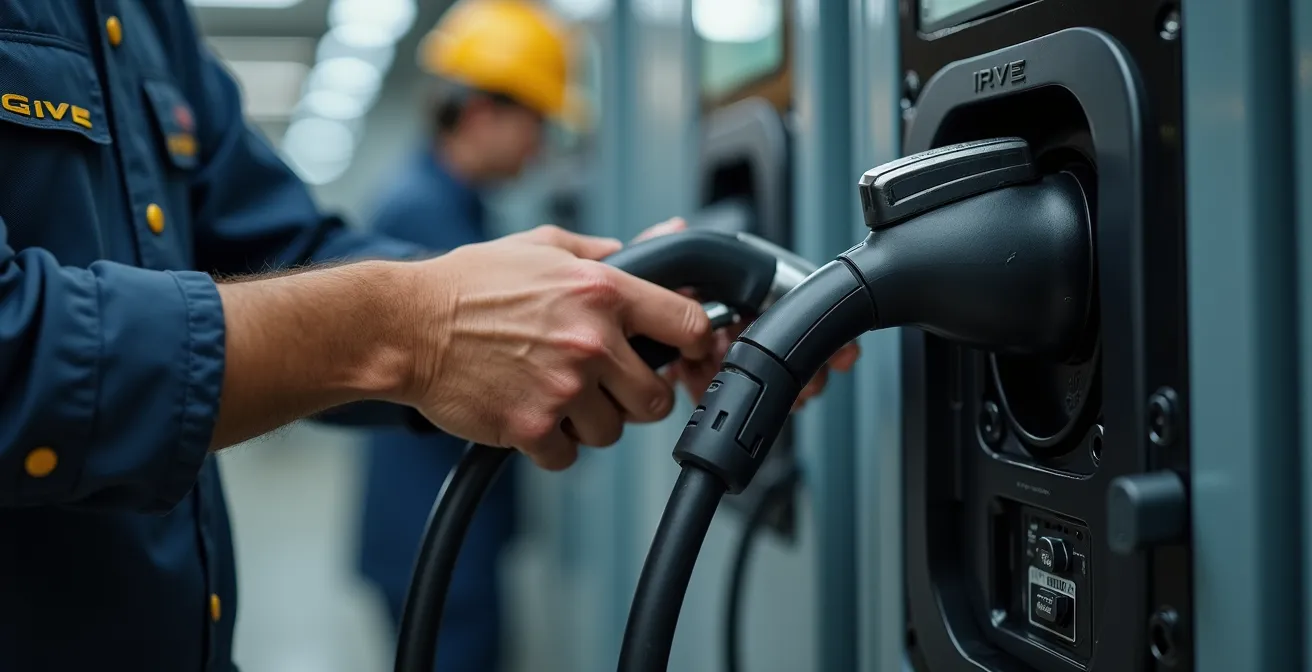Photo réaliste d’un électricien spécialisé IRVE installant une borne de recharge industrielle dans un environnement industriel