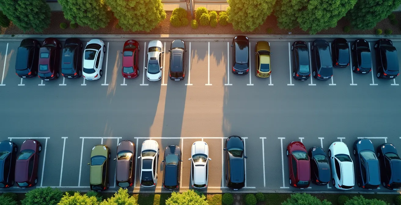 Vue aérienne nette d’un parking avec sections distinctes : familles, affaires et longue durée, éclairage naturel, texture réaliste