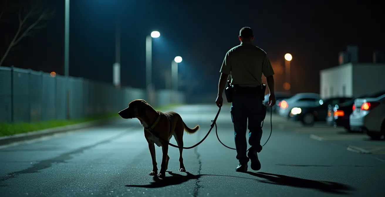 Détail photographique montrant un agent de sécurité en patrouille avec un chien dans un parking clos à l’éclairage nocturne