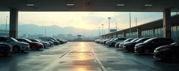 Vue photographique réaliste d'une zone de stationnement calme et sécurisée près d'un aéroport avec lumière cinématographique et perspective soignée, sans texte ni éléments graphiques lisibles