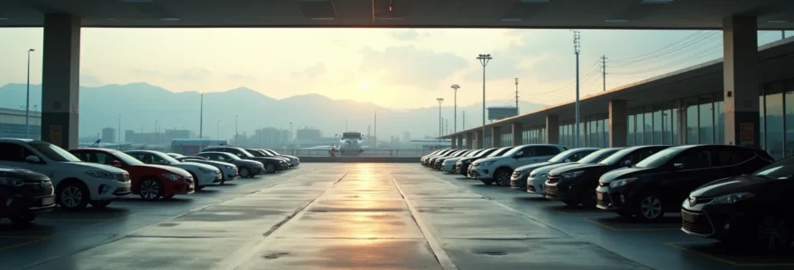 Vue photographique réaliste d'une zone de stationnement calme et sécurisée près d'un aéroport avec lumière cinématographique et perspective soignée, sans texte ni éléments graphiques lisibles