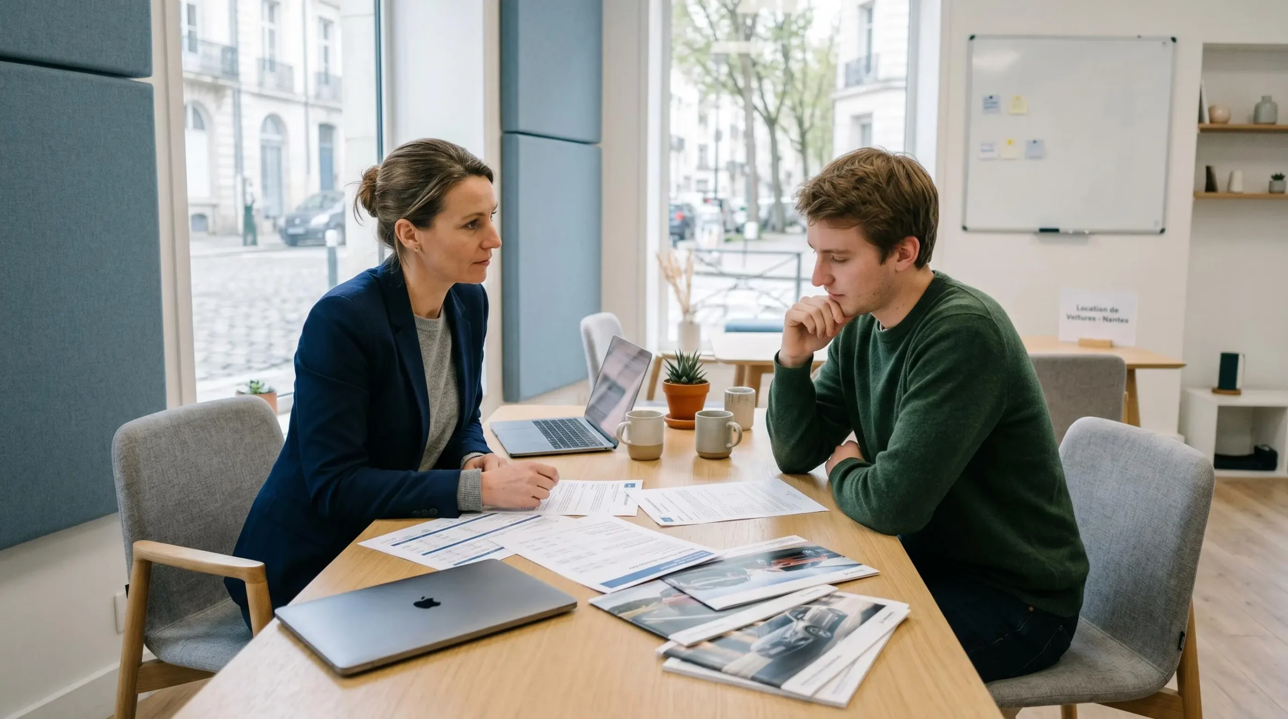Conseiller d'agence guidant un client dans le choix de sa stratégie de réservation avec documentation tarifaire