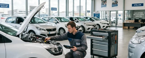 Technicien effectuant la maintenance d'une flotte de véhicules de location dans une agence automobile nantaise moderne