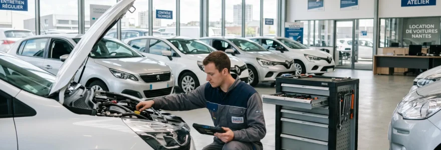 Technicien effectuant la maintenance d'une flotte de véhicules de location dans une agence automobile nantaise moderne